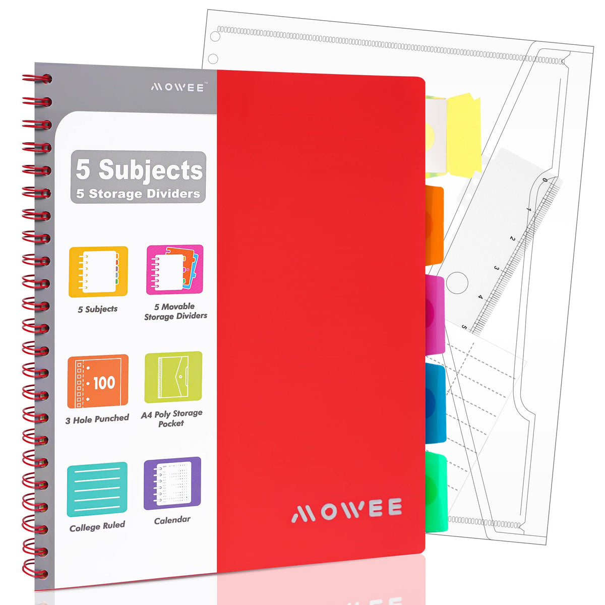 MOWEE Spiral Notebook - 5 Subject Notebook, College Ruled Notebook 3-Hole Punched With Dividers