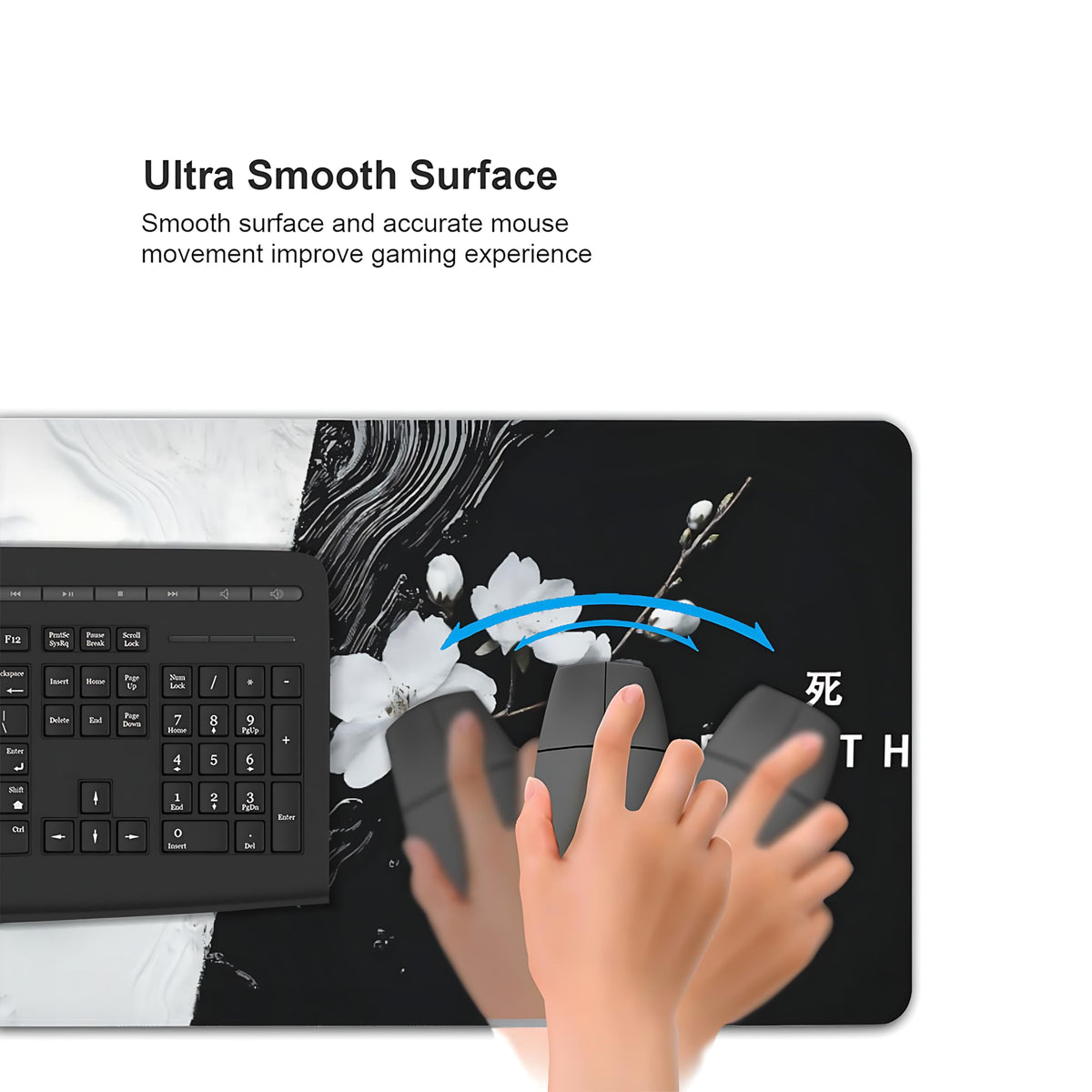 Floral Aesthetic Cherry Blossom Gaming Mouse Pad, Black White Japanese Desk Mat with Anti-Slip Base