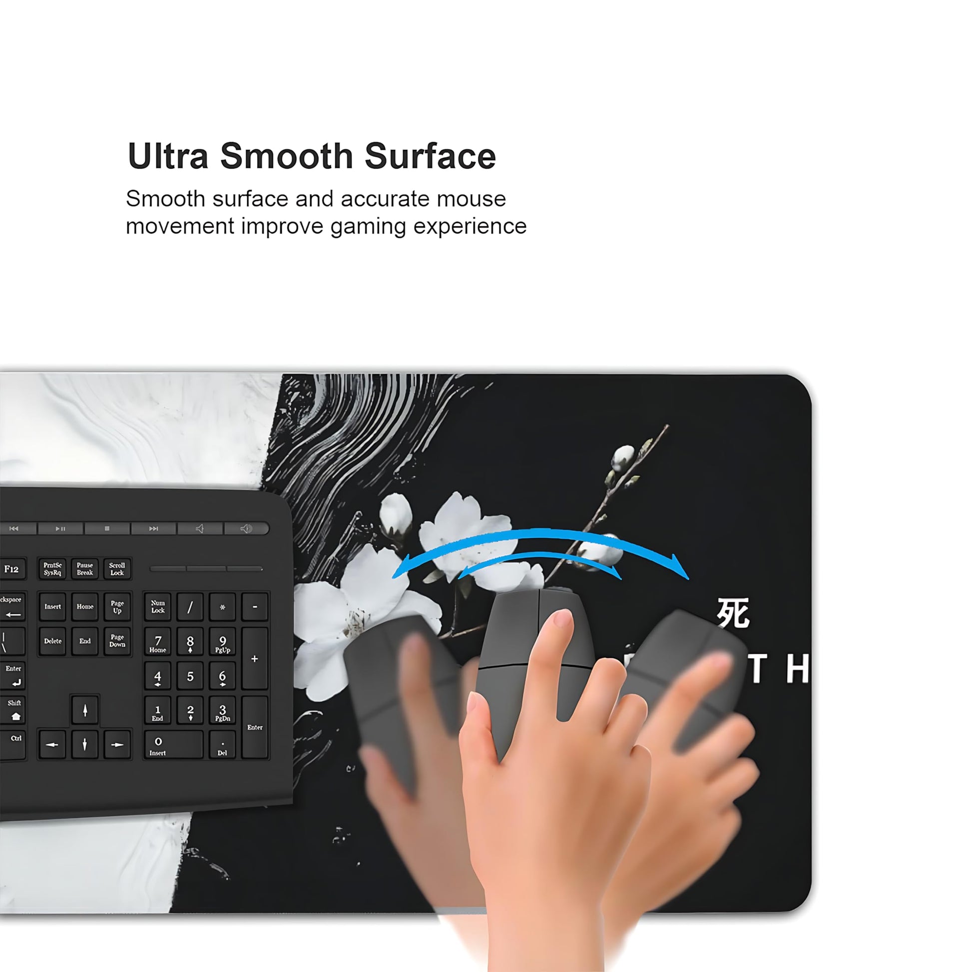 Floral Aesthetic Cherry Blossom Gaming Mouse Pad, Black White Japanese Desk Mat with Anti-Slip Base