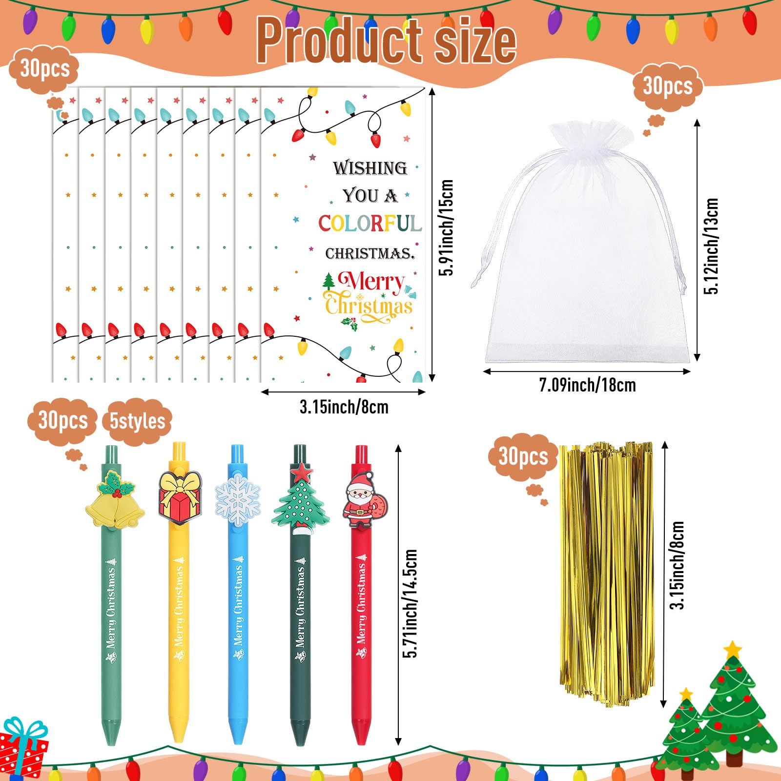 Marspark 30 Set Colorful Christmas Party Favor Gifts Bulk Xmas Pen and Card