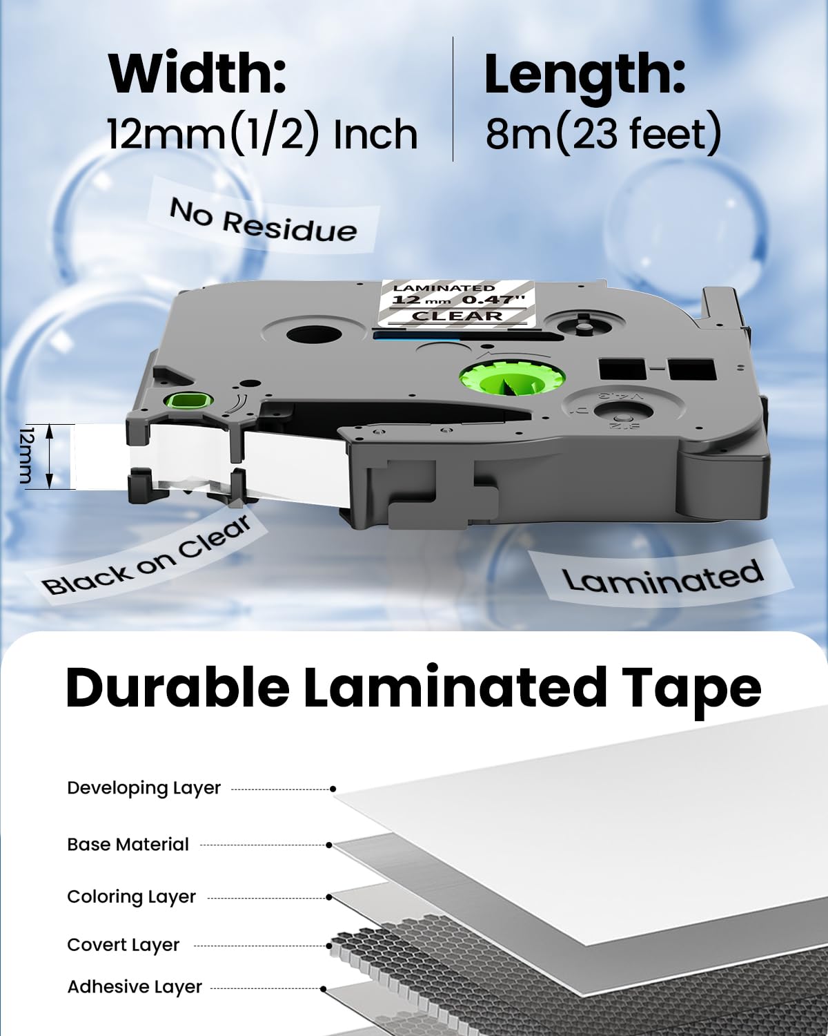 TZe TZ Tape 12mm 0.47 Laminated Clear Compatible with Brother P-Touch