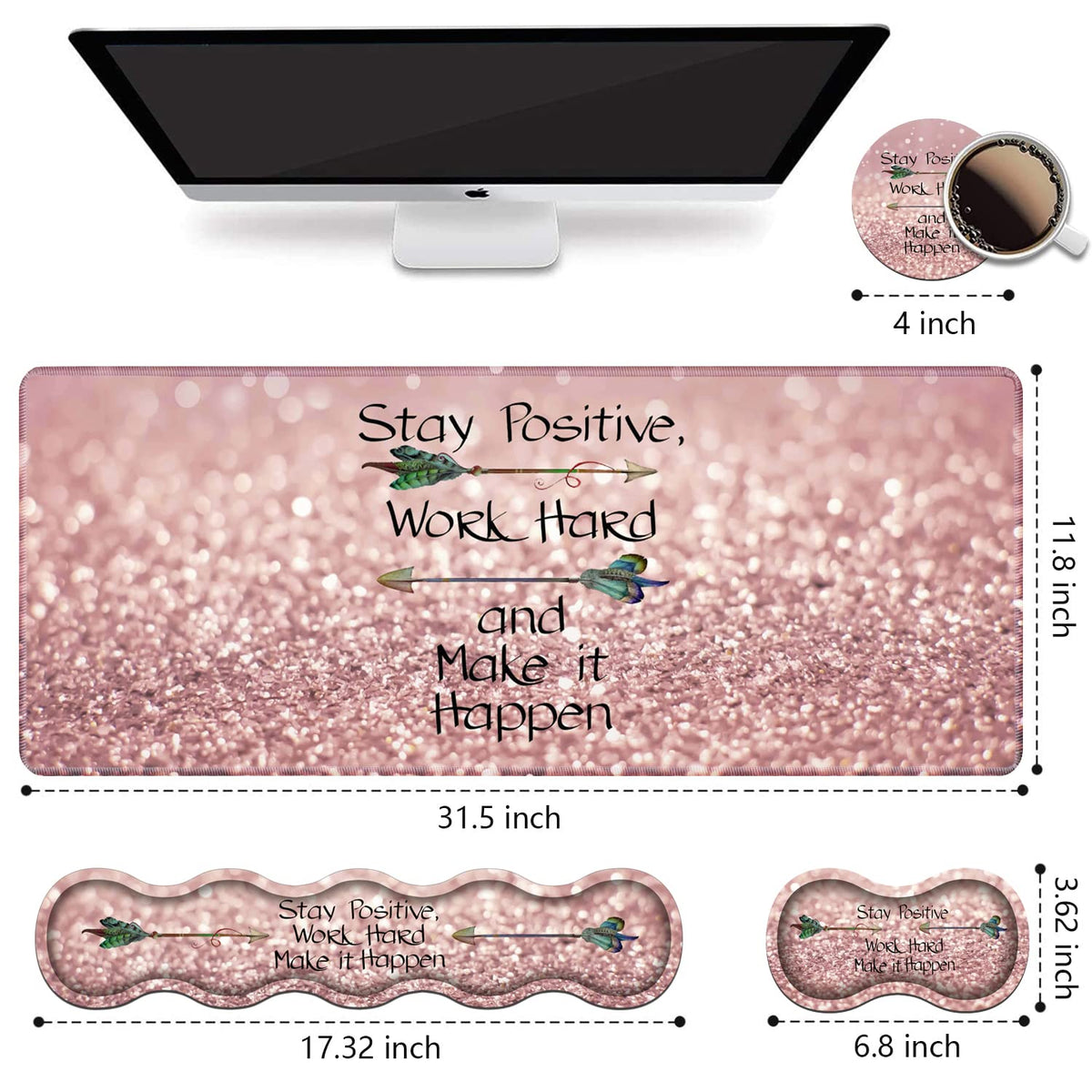Ergonomic Keyboard Wrist Rest & Mouse Pad Wrist Rest Set, Inspirational Quote Stay Positive Work