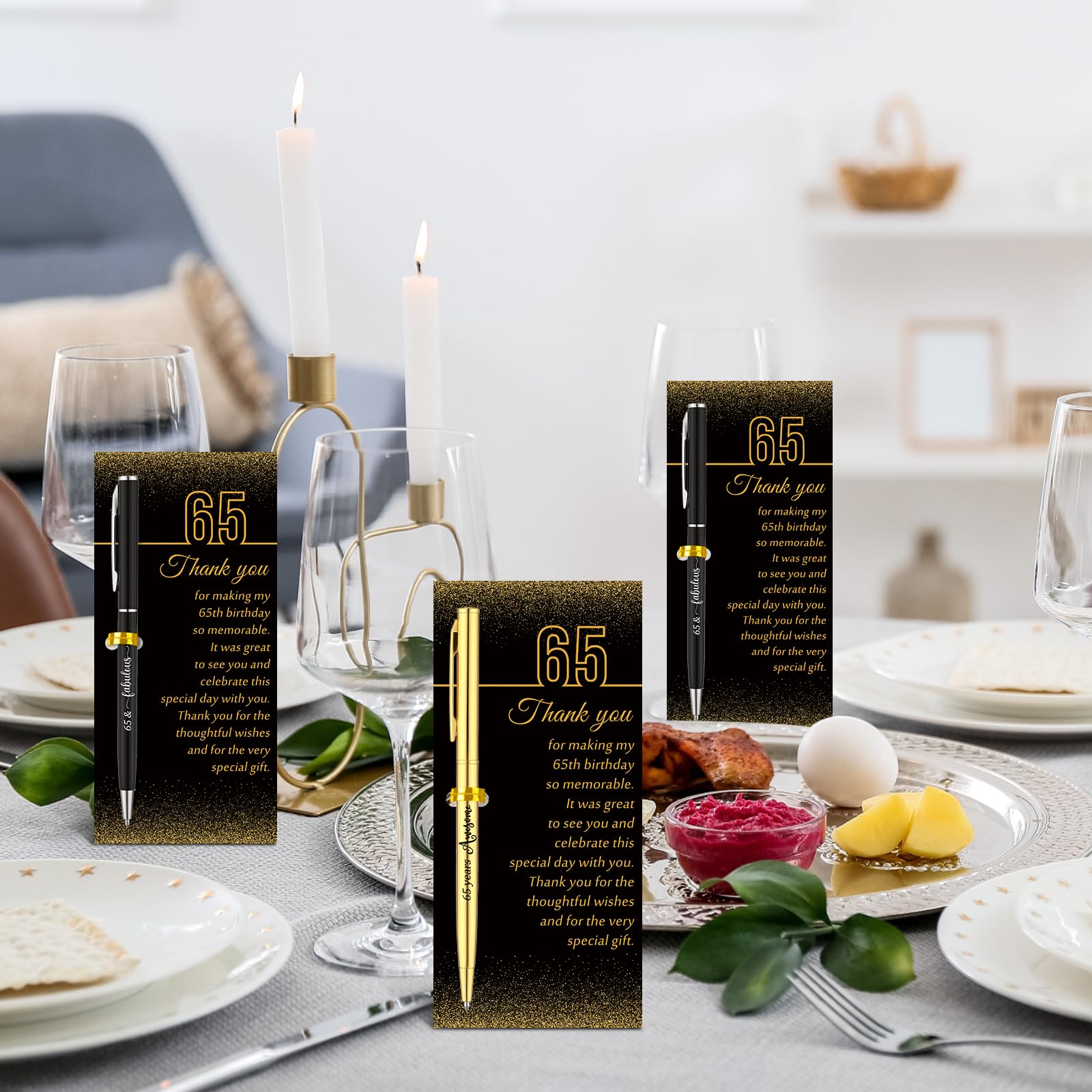 Feifeiya 65th Birthday Party Favors with Black Gold Pens Thank You Cards