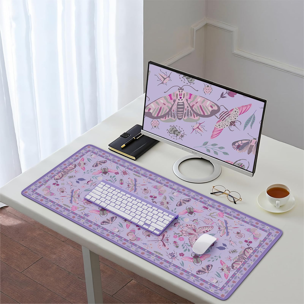 HAOCOO Purple Floral Desk Mat, XL Computer Pad for Office Aesthetics
