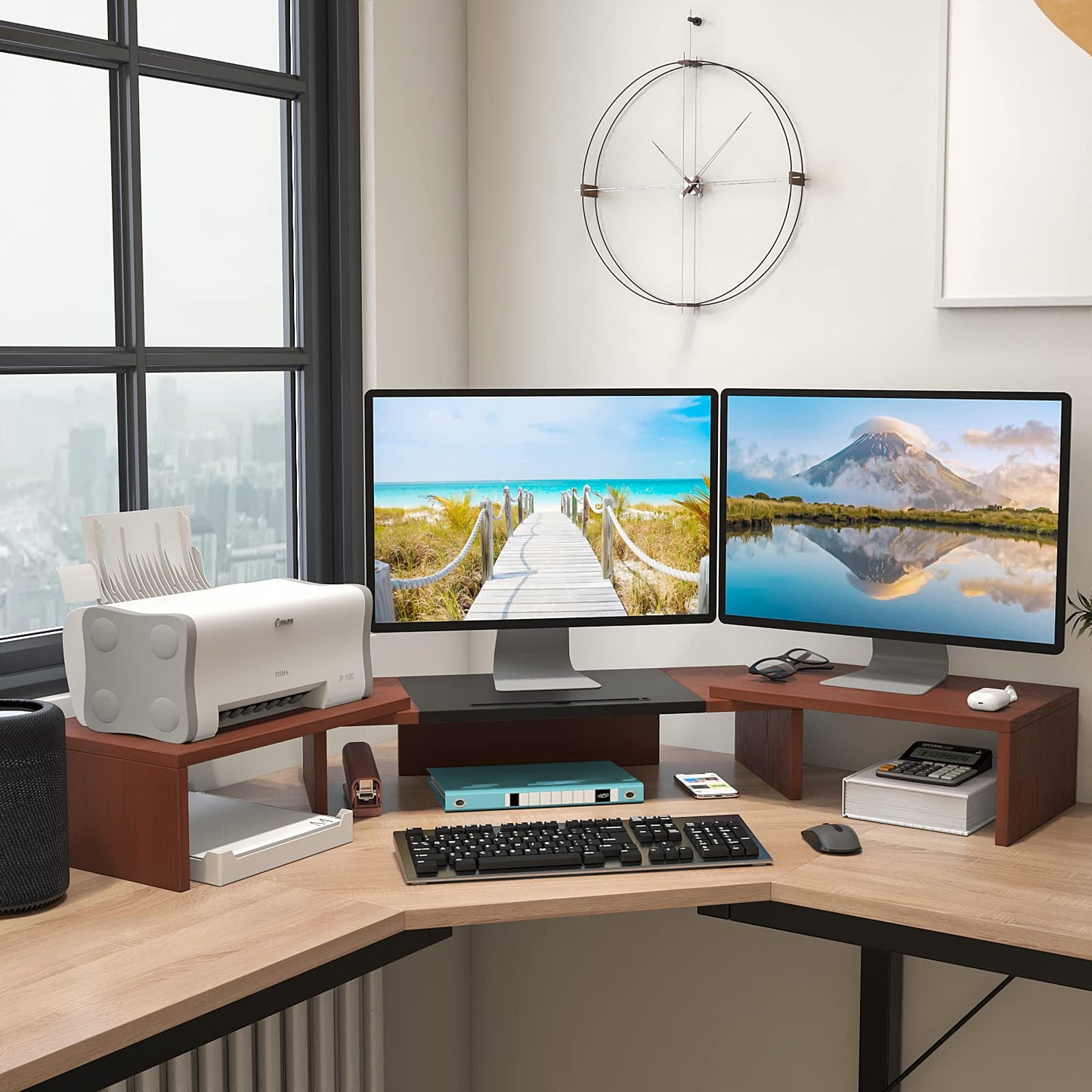 WESTREE Triple Monitor Stand Riser - Extra Long, Adjustable Length & Angle, 3 Shelf Desktop Storage