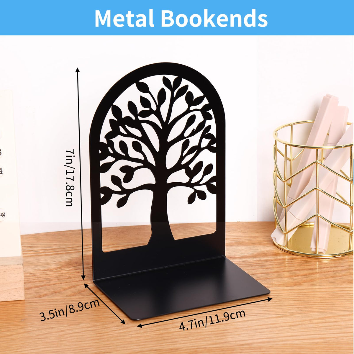 Tree Bookends 10 Pack Black Metal Heavy Duty Book Supports for Shelves | Black Metal, Tree