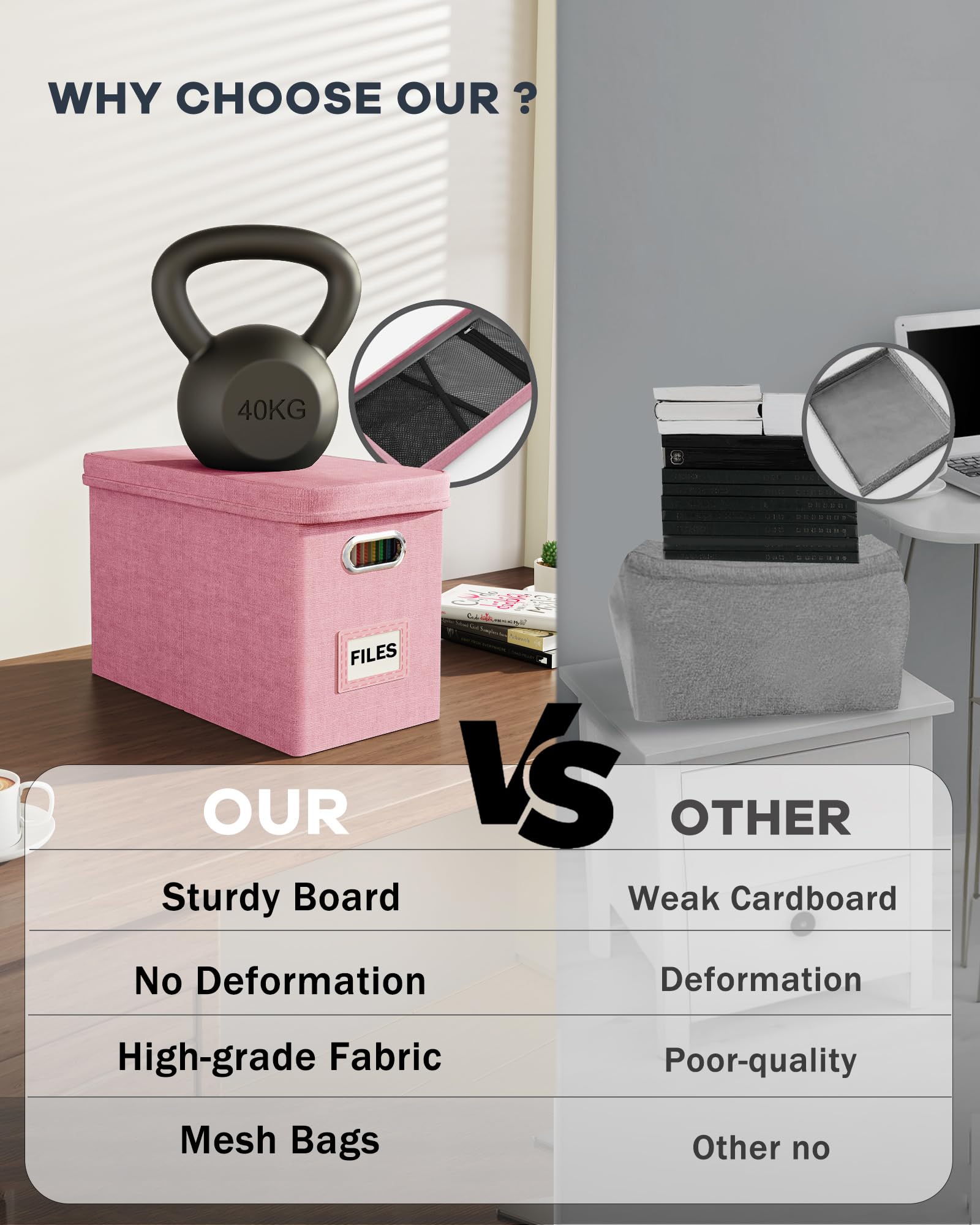 Oterri File Organizer Box with Lid, Hanging Filing File Box with Mesh Pocket, Document Organizer