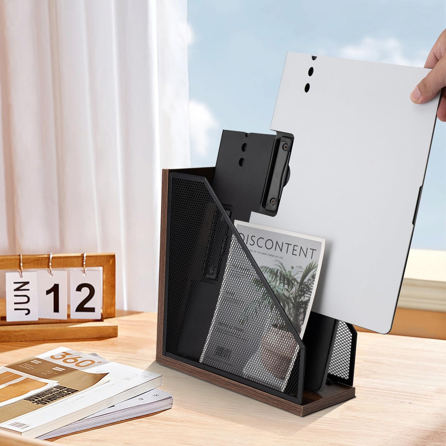 ASIFMTHOT Antique Wooden Magazine Holder,Mesh File Holder for Desk, Office Desk Accessories