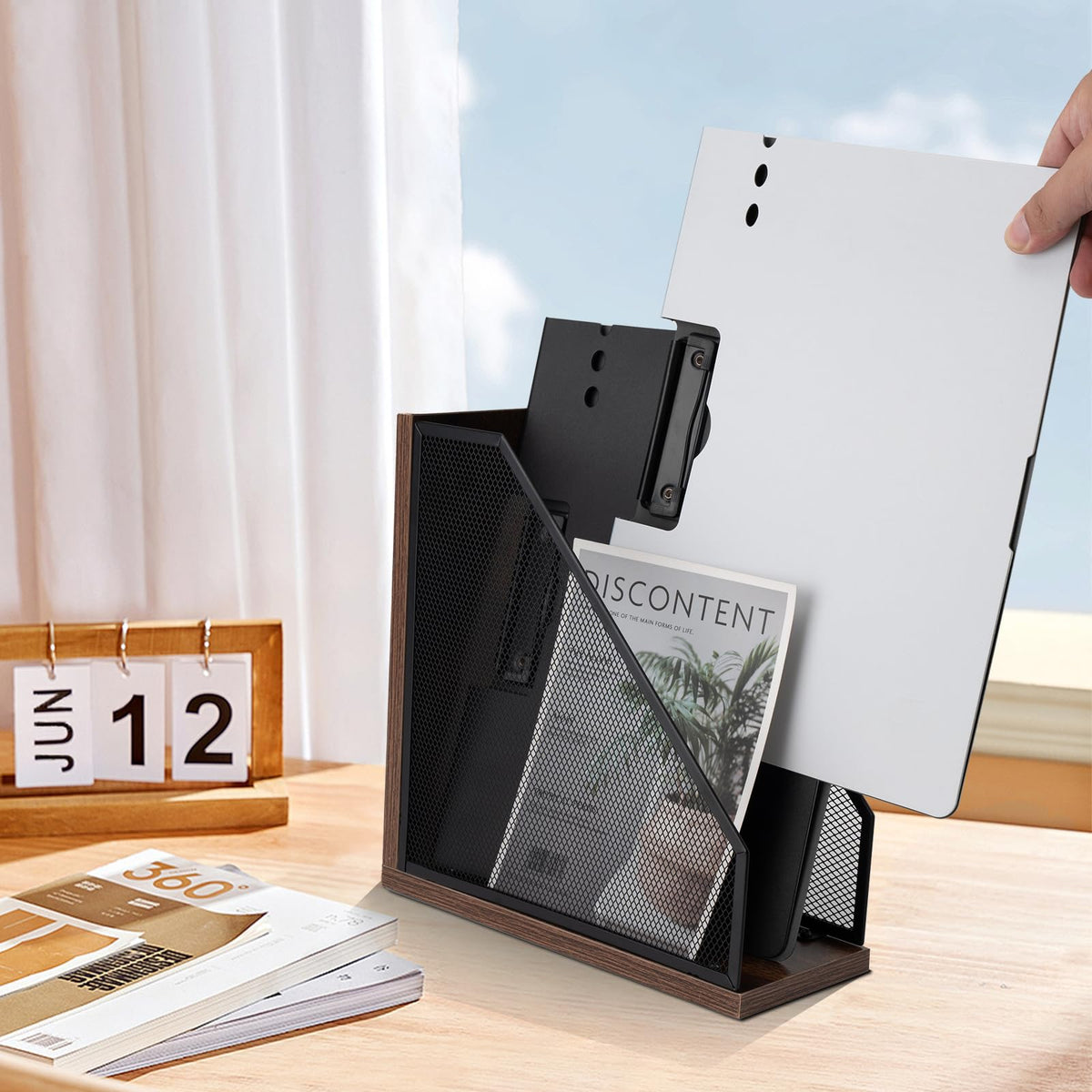 ASIFMTHOT Antique Wooden Magazine Holder,Mesh File Holder for Desk, Office Desk Accessories