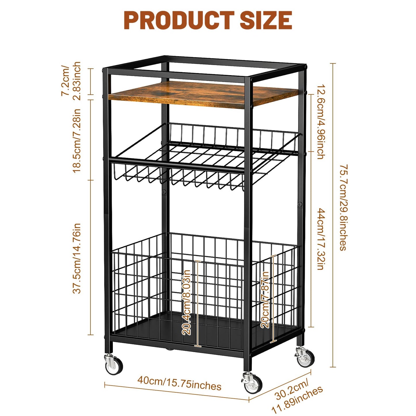 Kssiaz Fruit Vegetable Cart, 3-Tier Snack Cart on Wheels & Wood Top, Brown