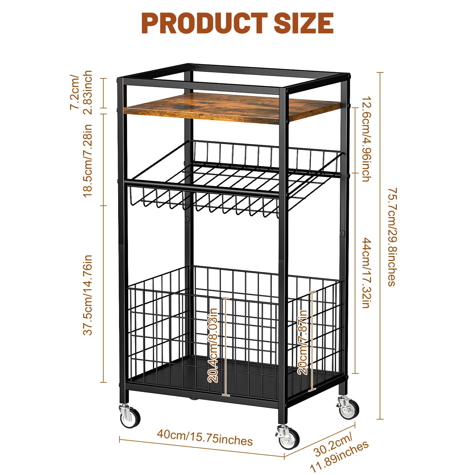 Kssiaz Fruit Vegetable Cart, 3-Tier Snack Cart on Wheels & Wood Top, Brown