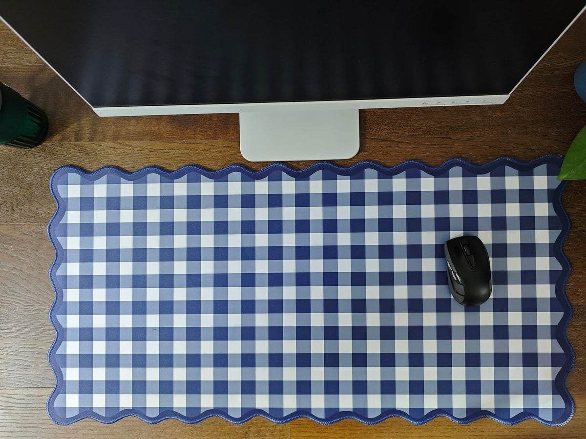 ohisxiacy Scalloped‌ Checkered Desk Mat Cute Dark Blue XXL Large Gaming Mouse Pad Gingham Kawaii