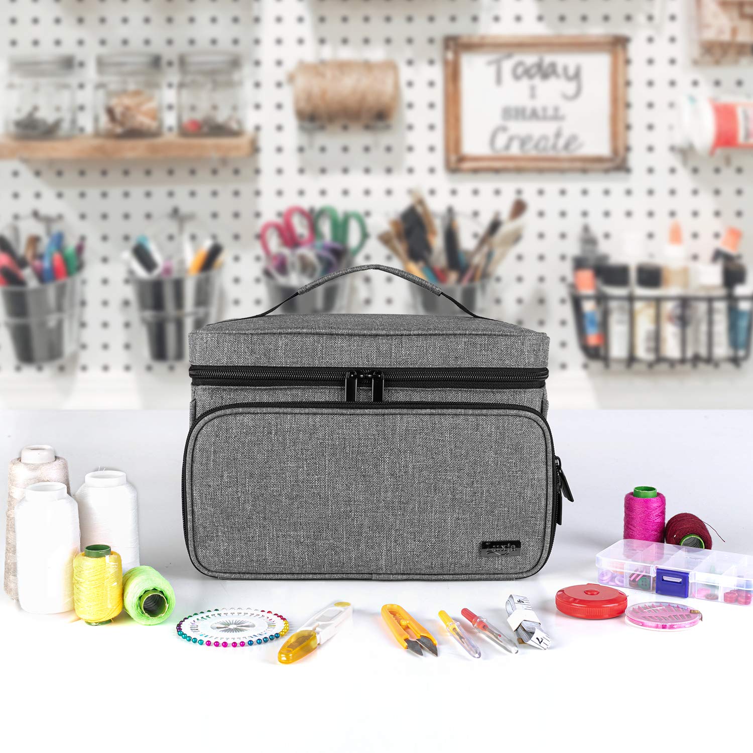 Luxja Sewing Storage Organizer with 2 Detachable Clear Pockets, Gray
