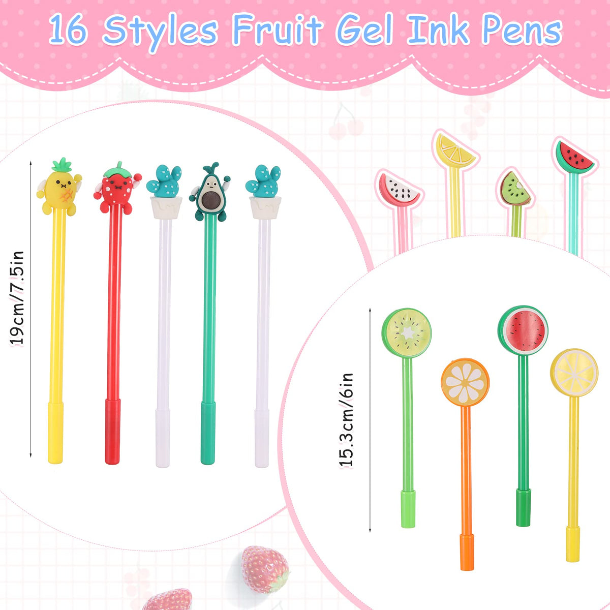 Containlol 48 Pcs Cartoon Cute Fun Pens Bulk Black Gel Ink, Colorful Fruit