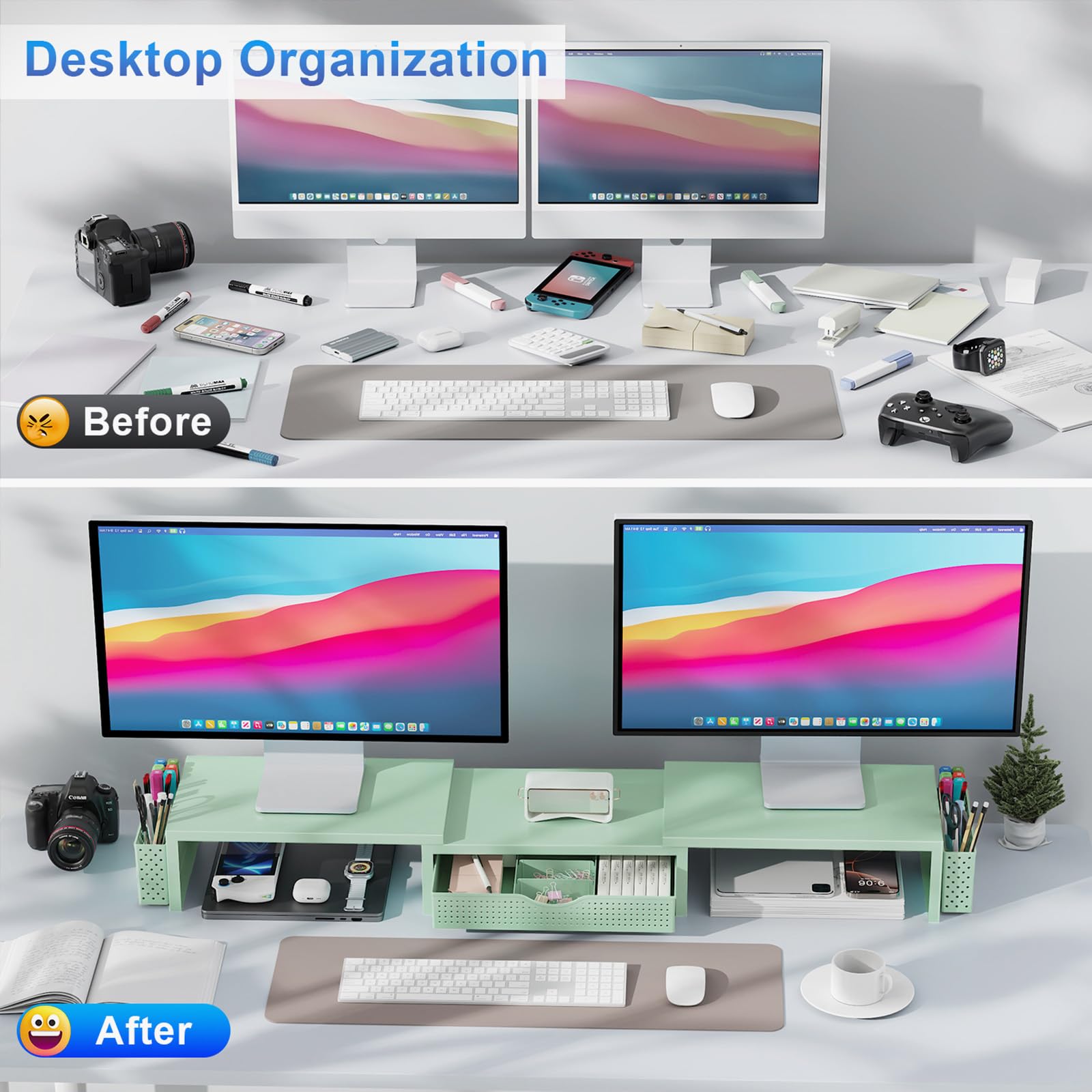 gianotter Dual Monitor Stand Riser With Drawer and 2 Pen Holders