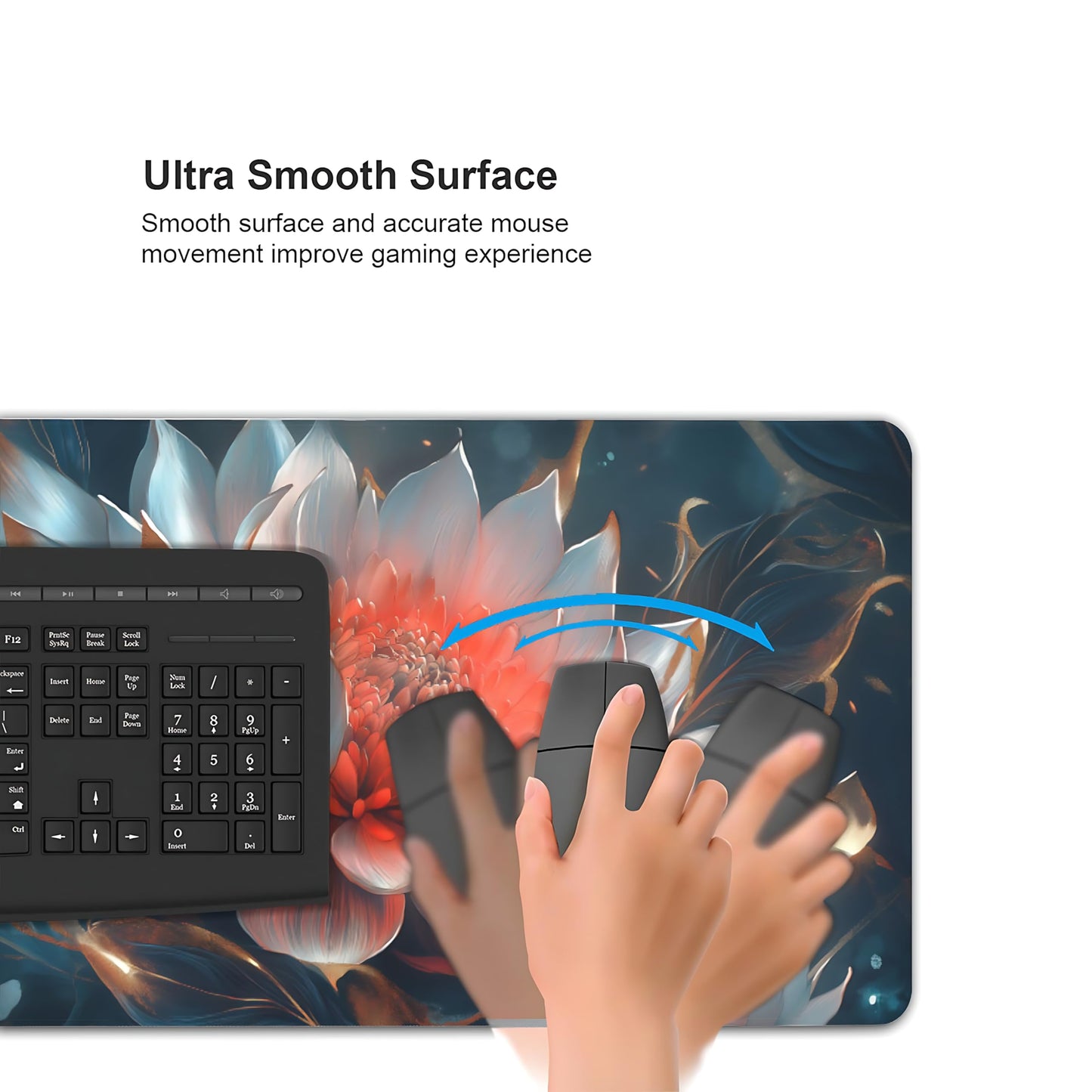 Floral Aesthetic Lotus Gaming Mouse Pad, Ink Blue Red Cyber Desk Mat with Anti-Slip Base & Stitched