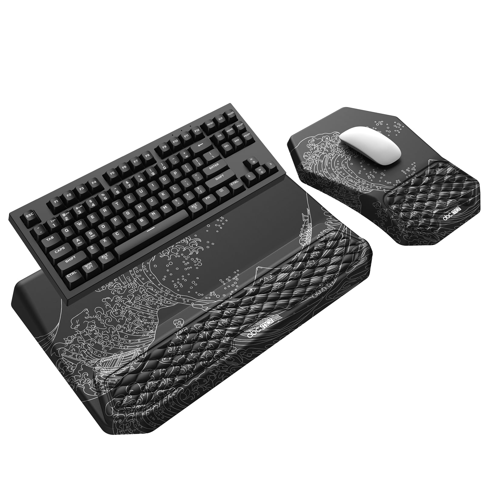 3-in-1 Ergonomic Keyboard Stand with Wrist Rest & Mouse Pad Set, Black Wave