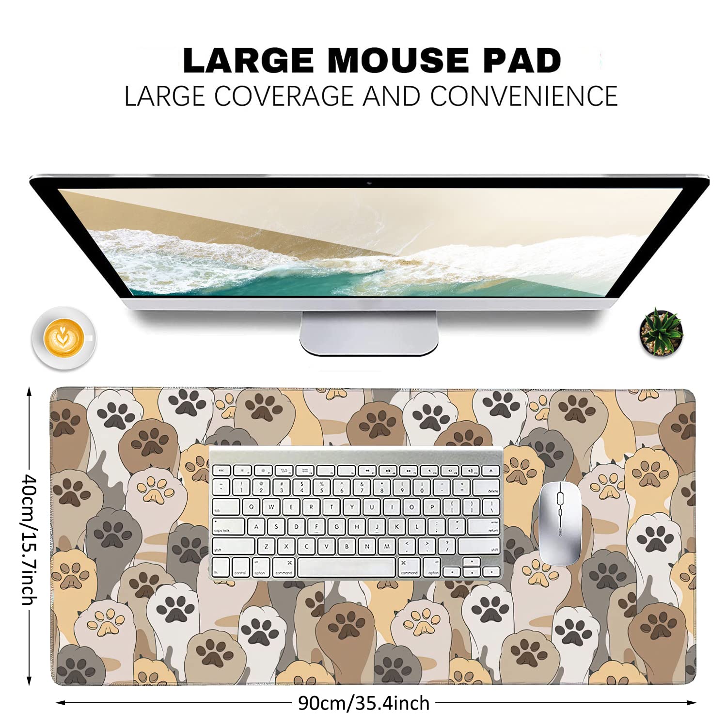 Kawaii Cute Cats Footprint Extended Gaming Mouse Pad Large Desk Mat with Non-Slip Rubber Base and