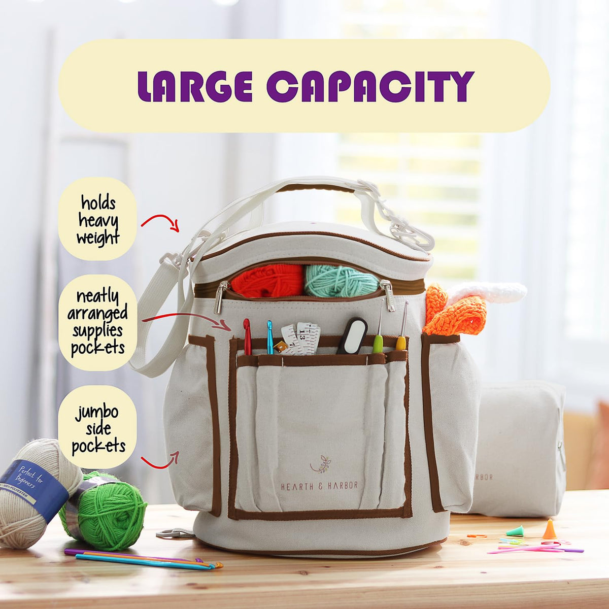 Hearth & Harbor Crochet Bag Organizer – Durable Knitting Bag, Yarn Organizer for Accessories and