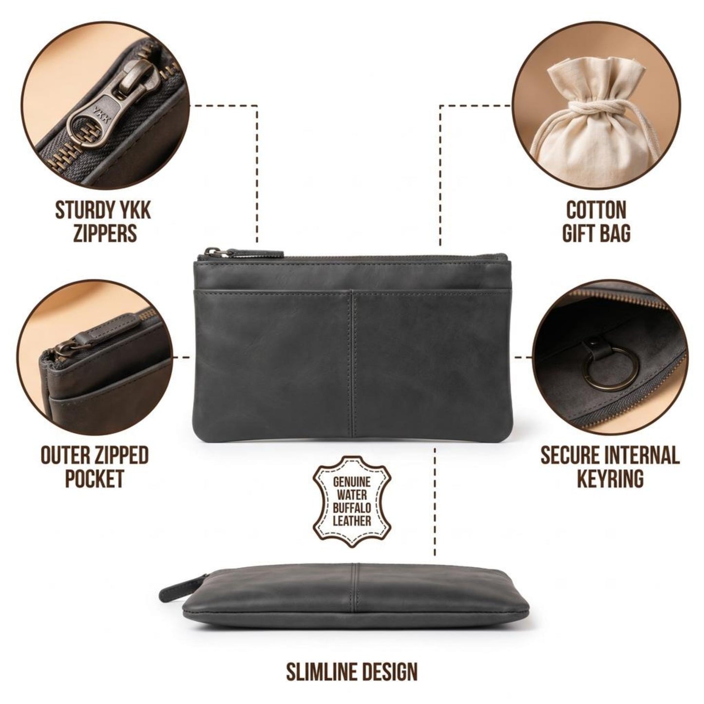 moonster Full-Grain Buffalo Leather Pen Case, 8x4 Inch, YYK Zipper, Linnen Interior, 6" Stainless