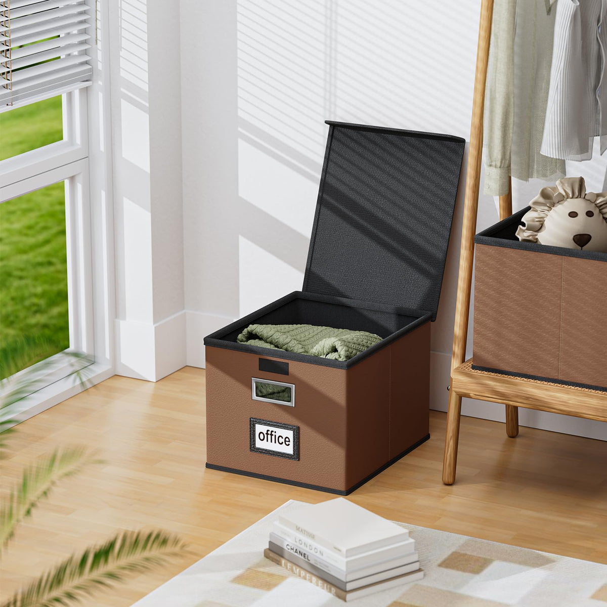 Huolewa Foldable File Organizer Box with Lids (2 Pack, Brown, Leather)