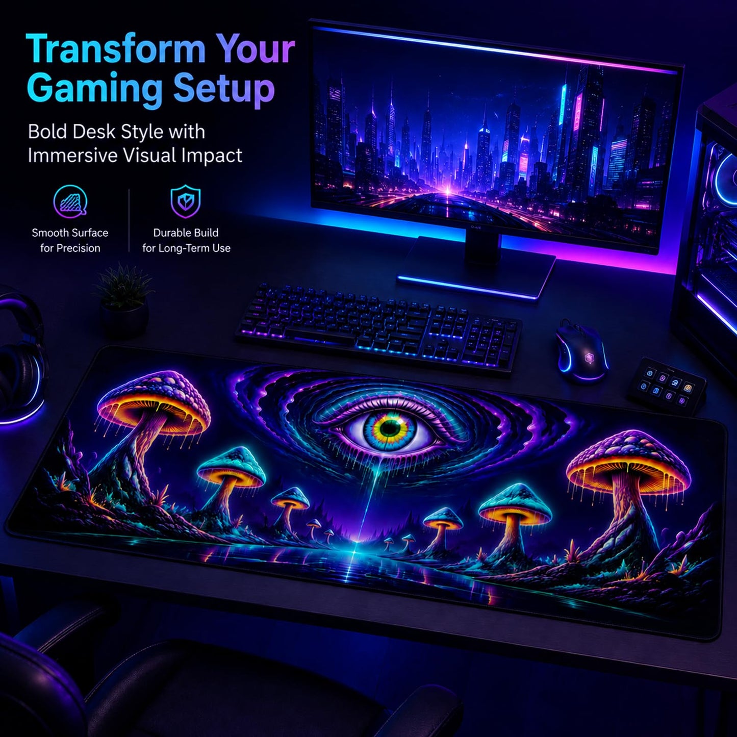Manicer Mushroom Cosmic Eye Gaming Mouse Pad - UV Blacklight Reactive Desk Mat - 31.5" x 11.8"