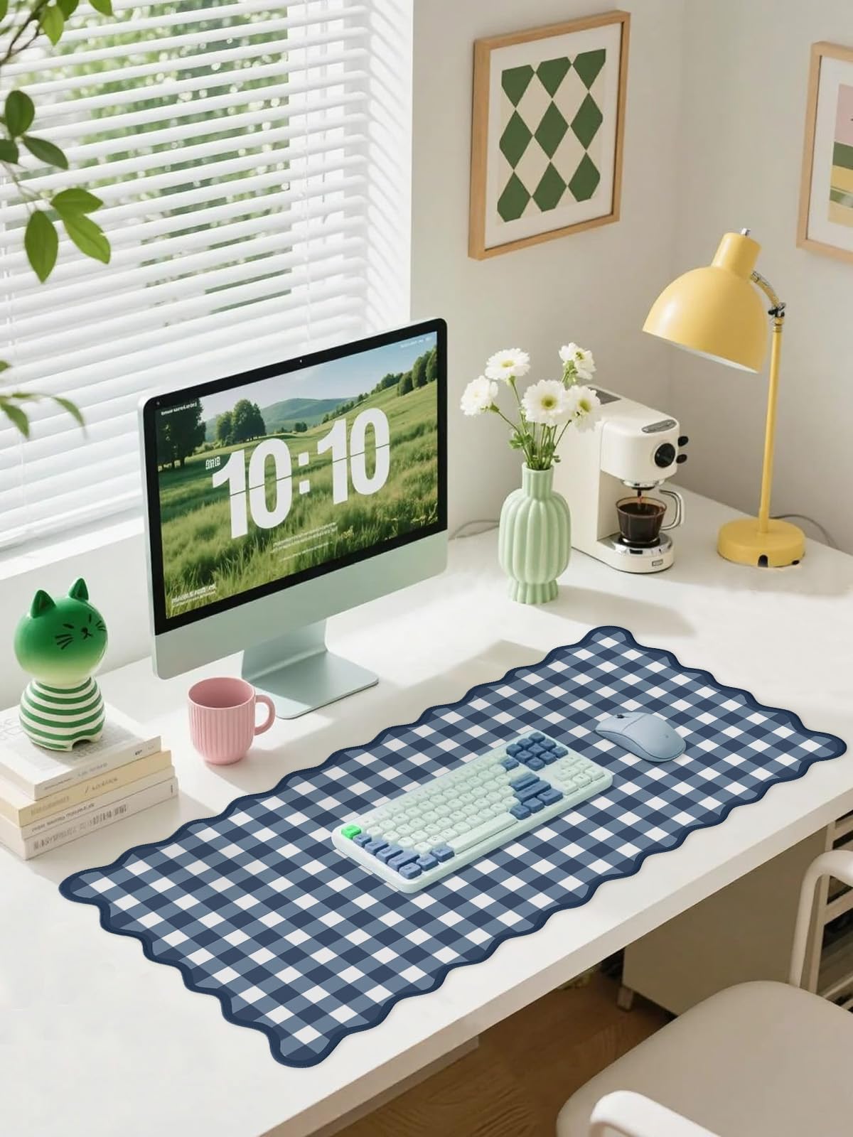 ohisxiacy Scalloped‌ Checkered Desk Mat Cute Dark Blue XXL Large Gaming Mouse Pad Gingham Kawaii
