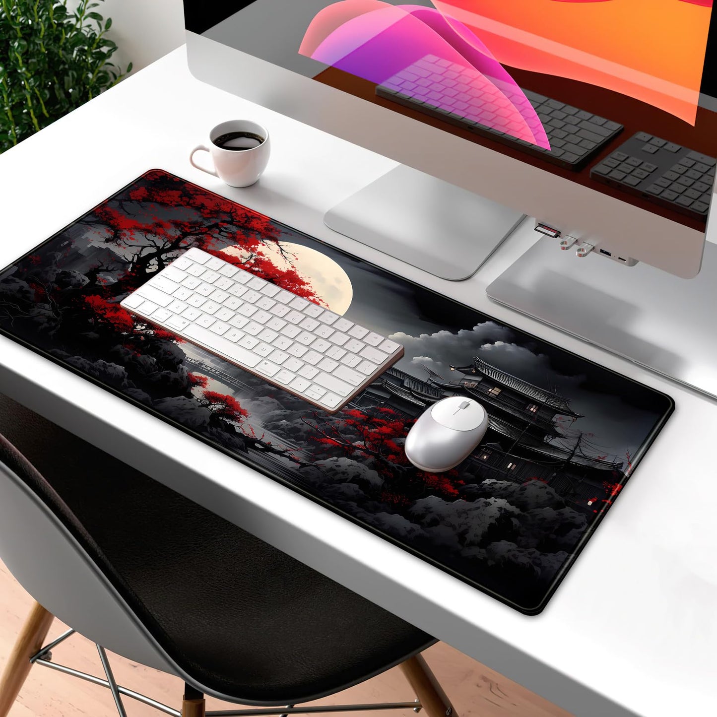 Riverside Full Moon Desk Mat Japanese Desk Pad Black Red Large Mouse Pad Gaming Mousepad Extended