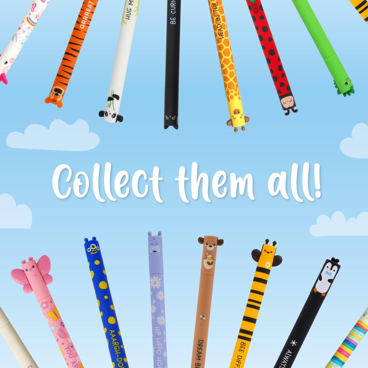 LEGAMI Set of 8 erasable gel pens, animal theme, ball at the end to erase ink, black, blue, purple