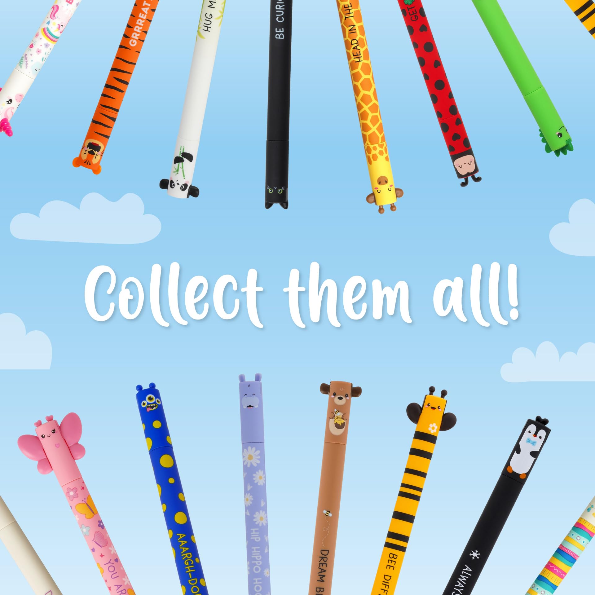 LEGAMI Set of 8 erasable gel pens, animal theme, ball at the end to erase ink, black, blue, purple