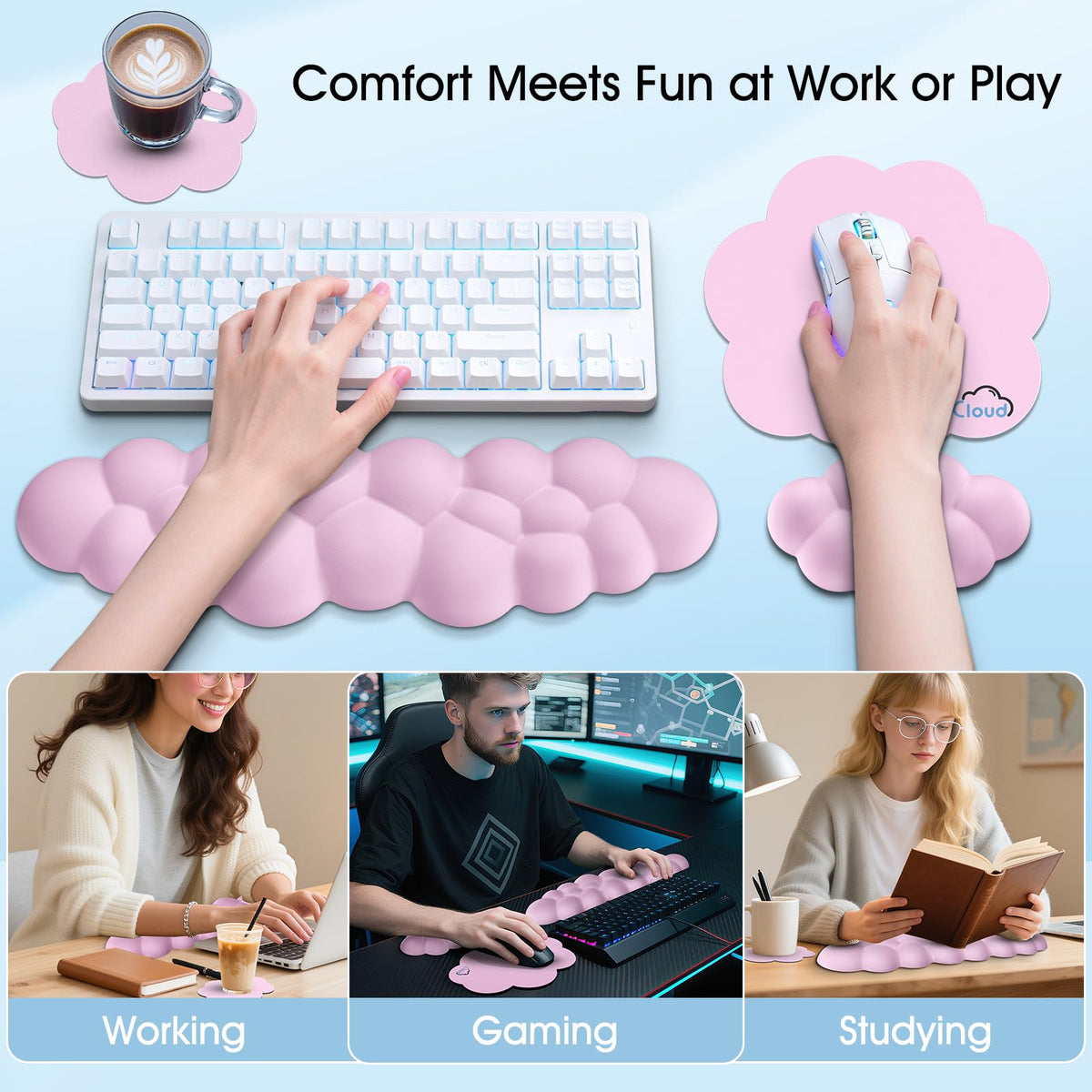 Retuhapy Cloud Wrist Rest Keyboard Cushion and Cloud Mouse Pad, Pink