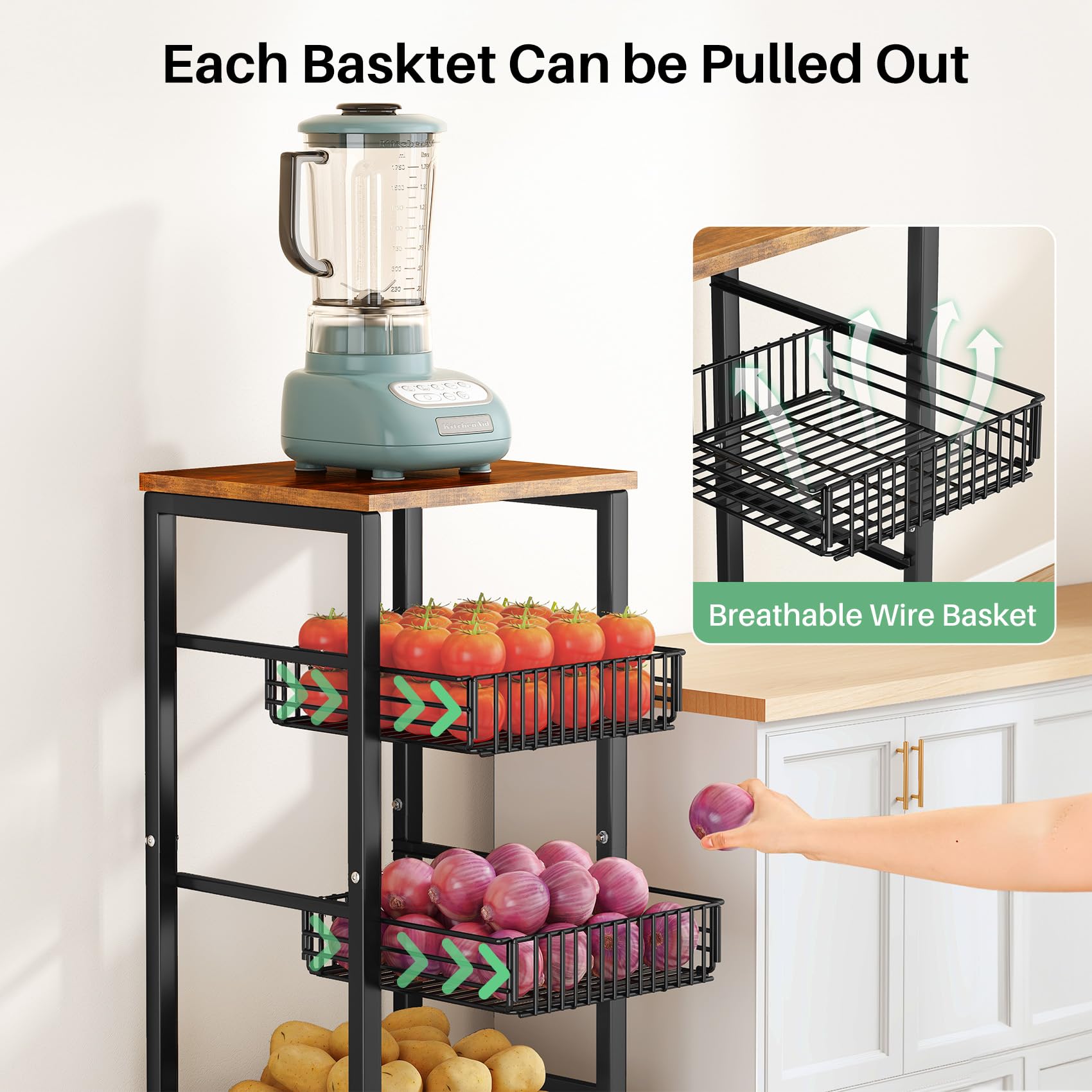 SNTD Fruit Basket Stand for Kitchen with Pull Out Vegetable Baskets, Black