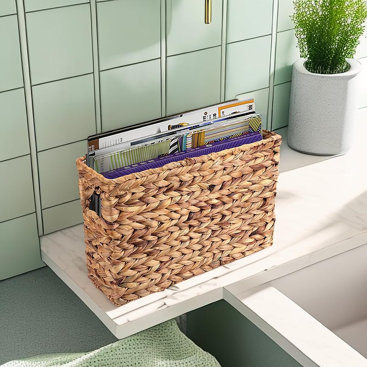 Yesland Hand-Woven Narrow Water Hyacinth Holder Wicker Basket, 15.5 x 5.5 x 9.75 Inch Decorative