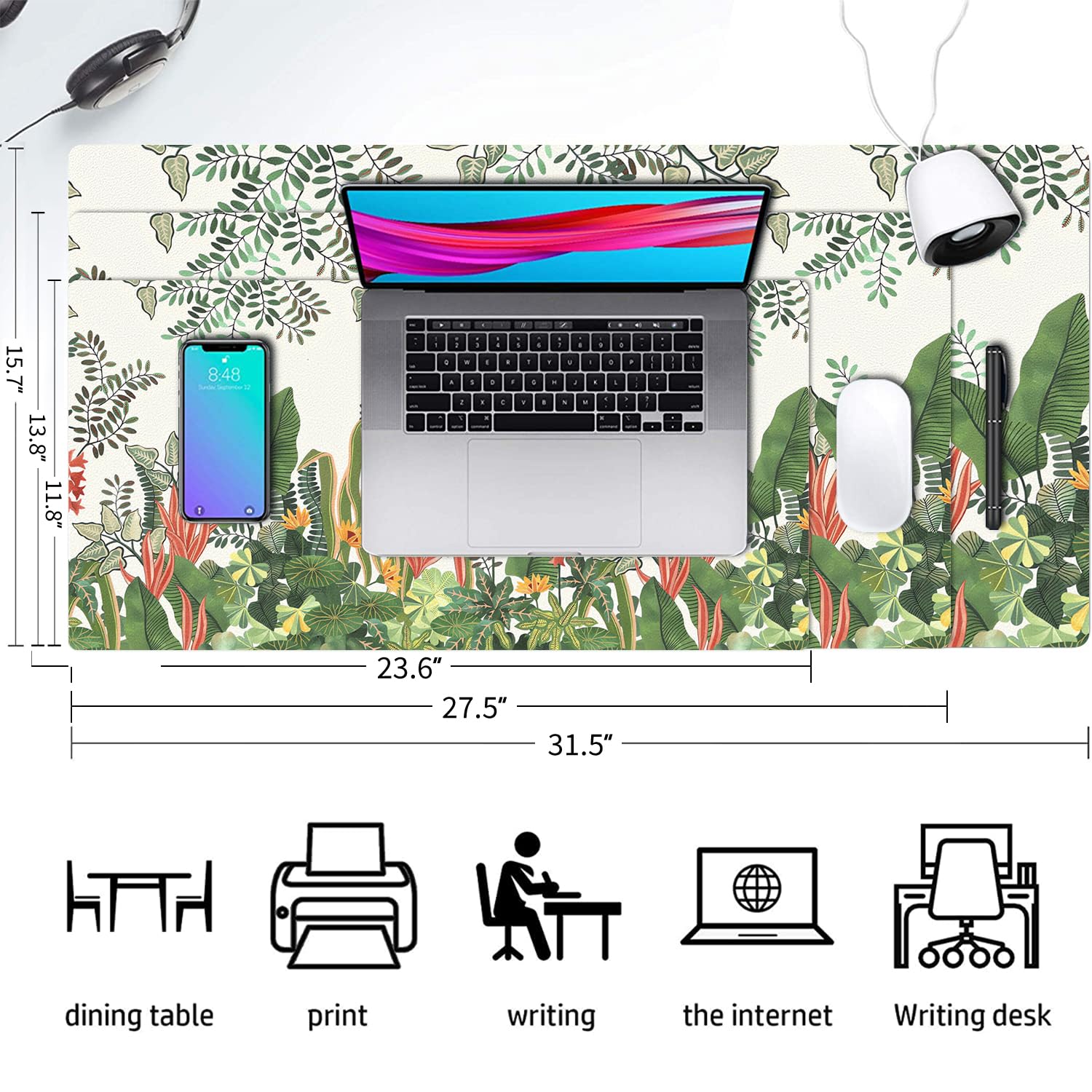 Floral Desk Mat, Non-Slip PU Leather Desk Pad, Foliage 23.6"x11.8"
