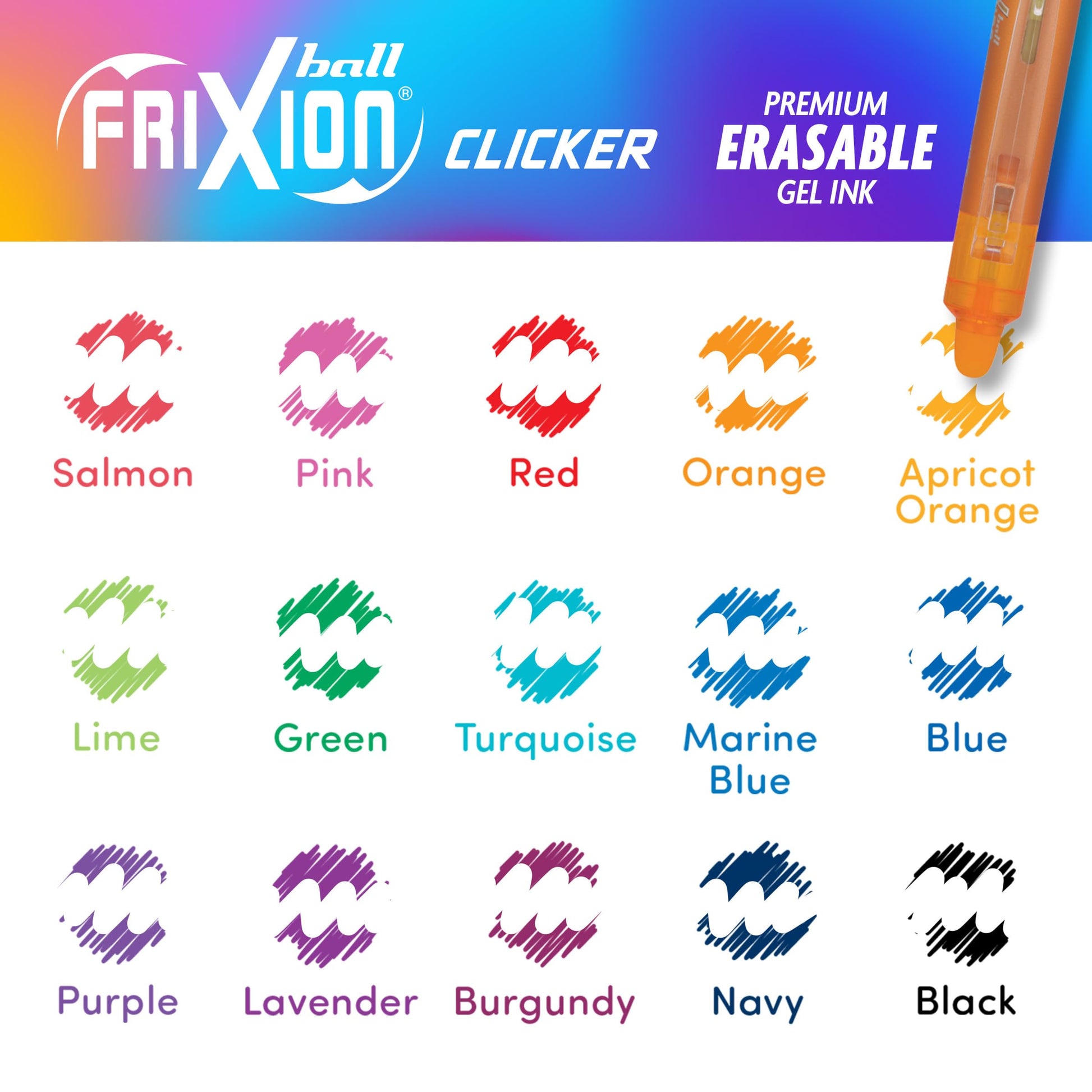 PILOT FriXion Clicker Gel Ink Pens 0.7mm, Assorted Colors, 15-Pack