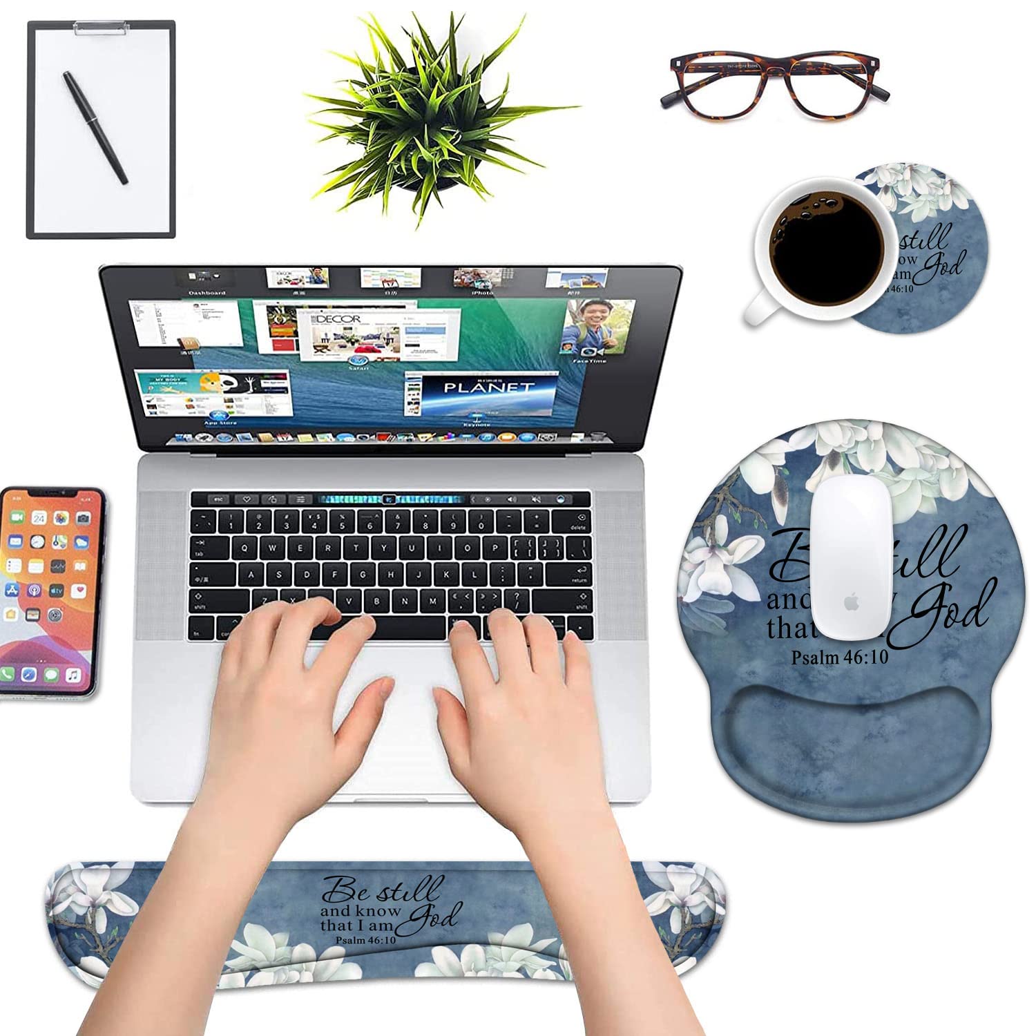 Keyboard Wrist Rest and Mouse Pad Wrist Support Set with Coasters, Christian Bible Verse Psalm