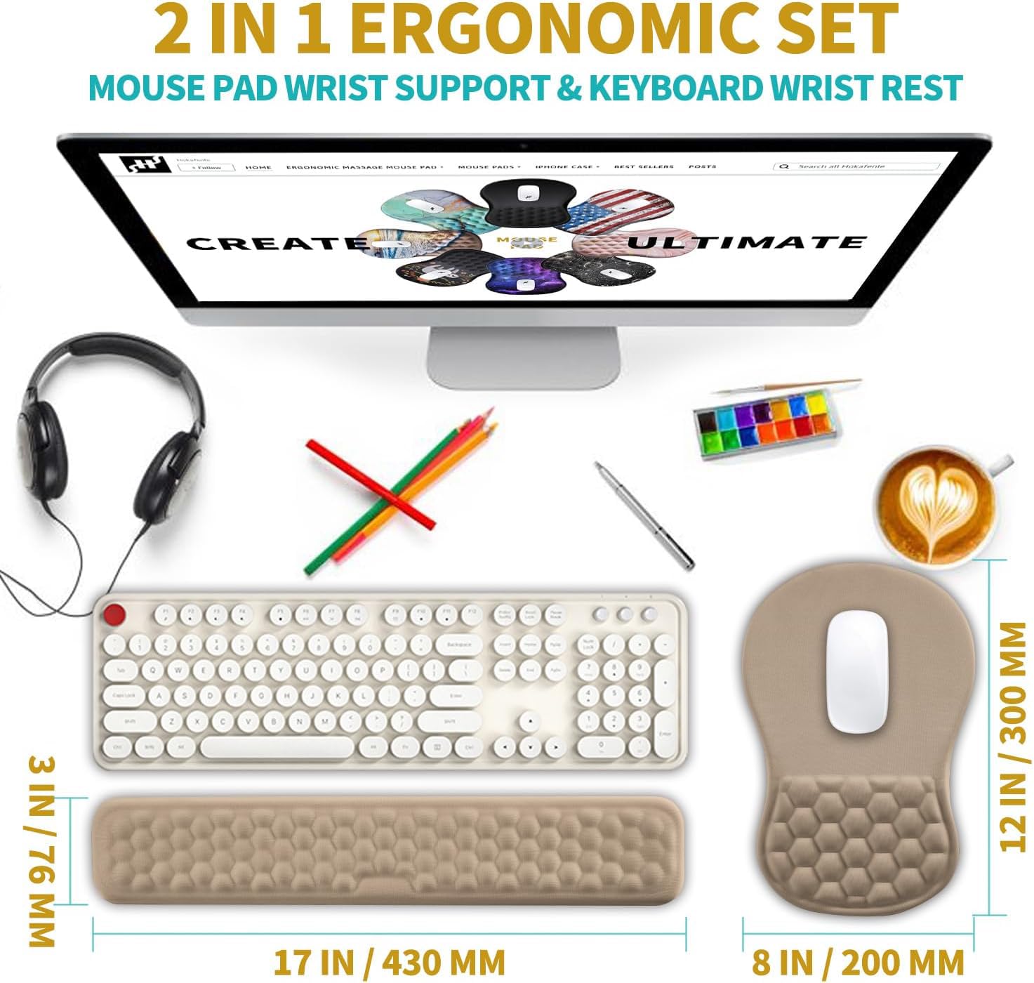Hokafenle 2 in 1 Ergonomic Mouse Pad Wrist Support & Wrist Rest for Computer Keyboard Set, with