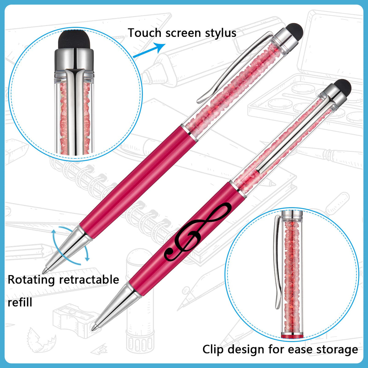 Outus 24 Pieces Stylus Music Pen 2-in-1 Piano Student Gift Crystal Ballpoint Retractable Pen