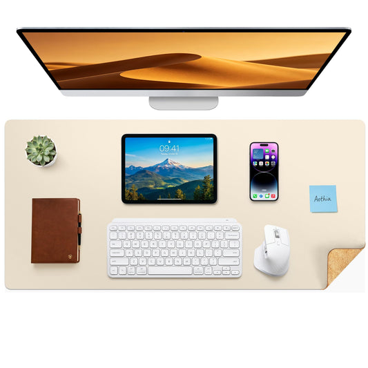 Aothia Dual-Sided Desk Mat - Natural Cork & Leather Desk Protector, Large Mouse Pad & Writing Pad