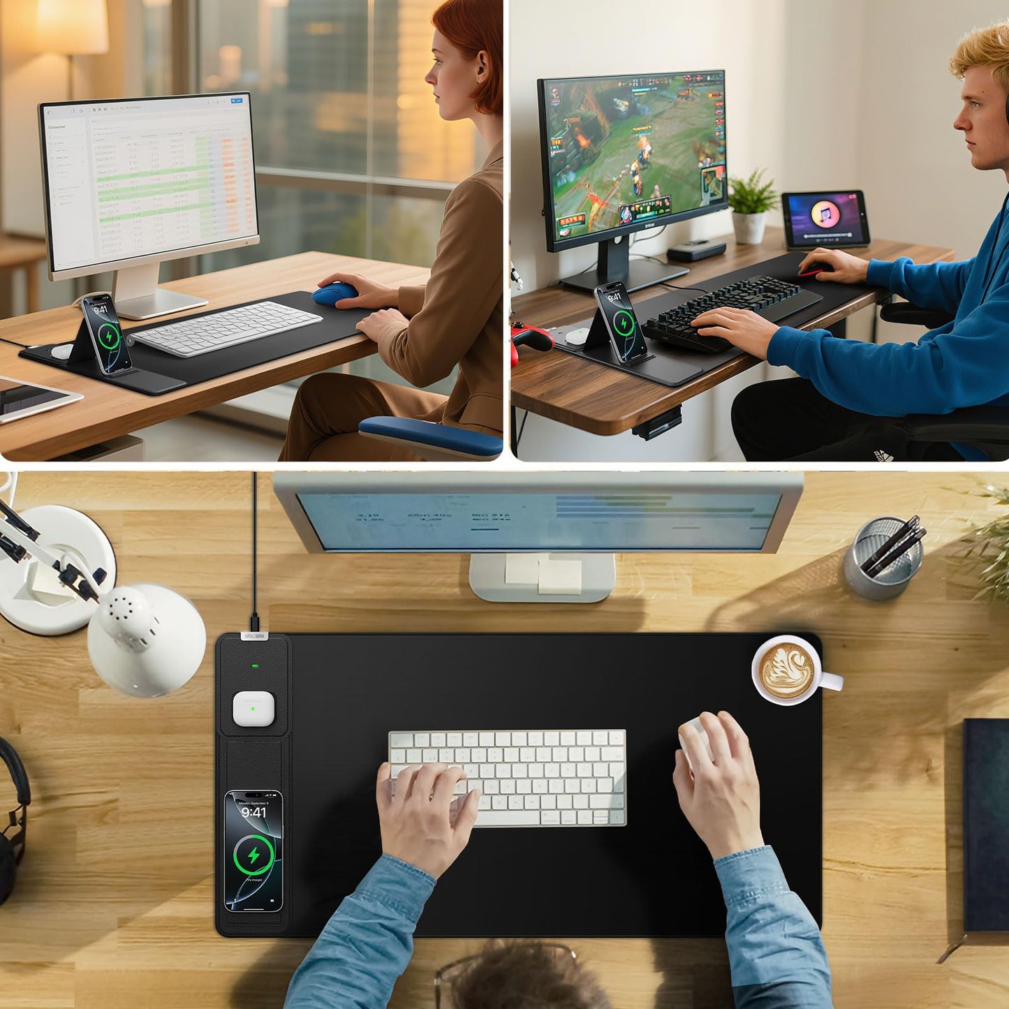 Wireless Charging Mouse Pad with Foldable Phone Holder, 31.5"x15.8", Black