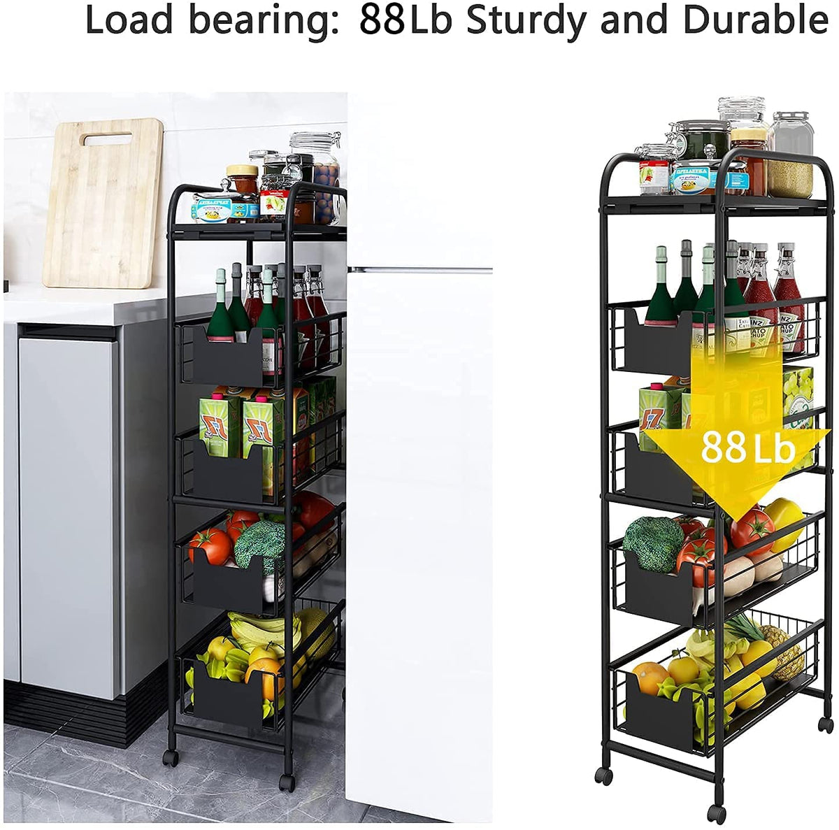 WHIFEA 5 Tier Slim Rolling Cart with Pull-Out Drawers, Multi-Layer Narrow Storage Shelf Organizer