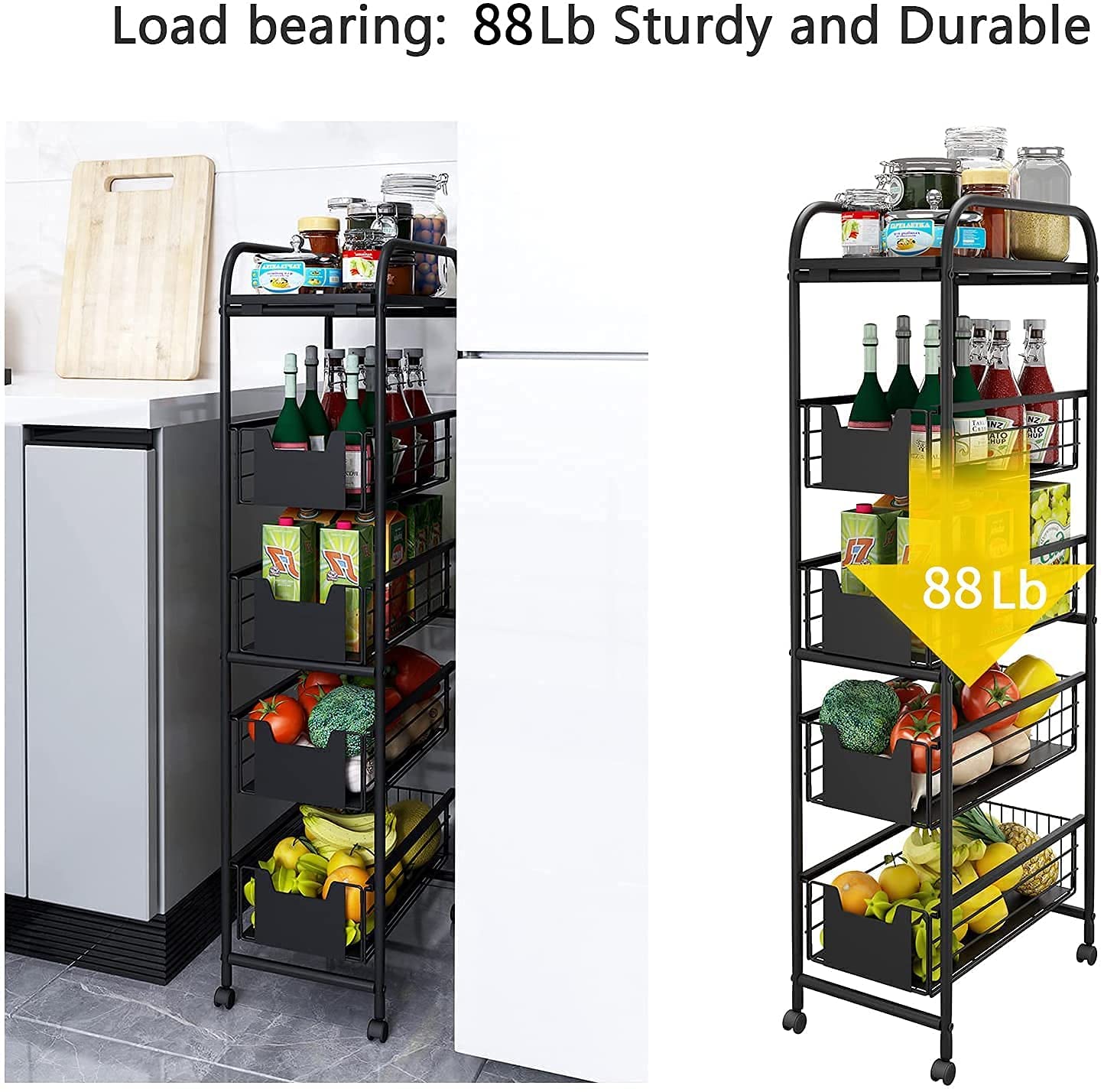 WHIFEA 5 Tier Slim Rolling Cart with Pull-Out Drawers, Multi-Layer Narrow Storage Shelf Organizer