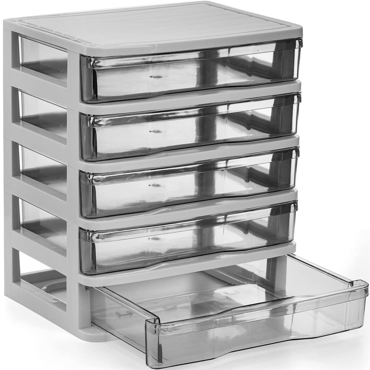 DEAYOU 5 Drawer Desktop Storage Bin Unit, Small Plastic Organizer, White Frame with Clear Drawer