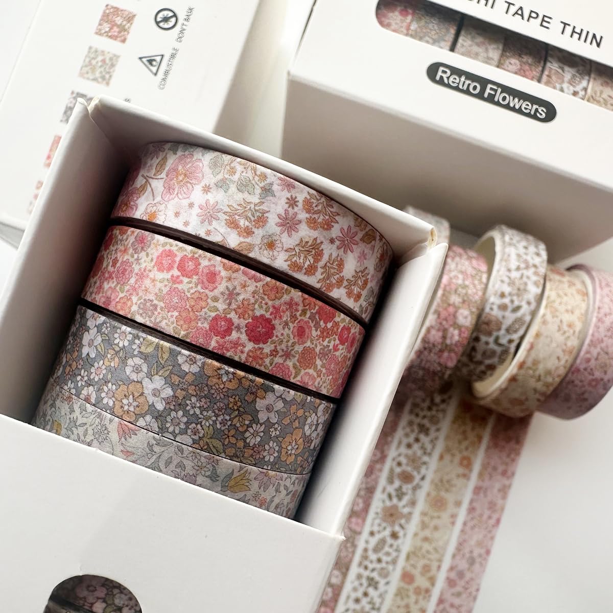 YUBX Vintage Washi Tape Set 8 Rolls Thin Retro Decorative Antique Patterns Masking Tapes for Arts