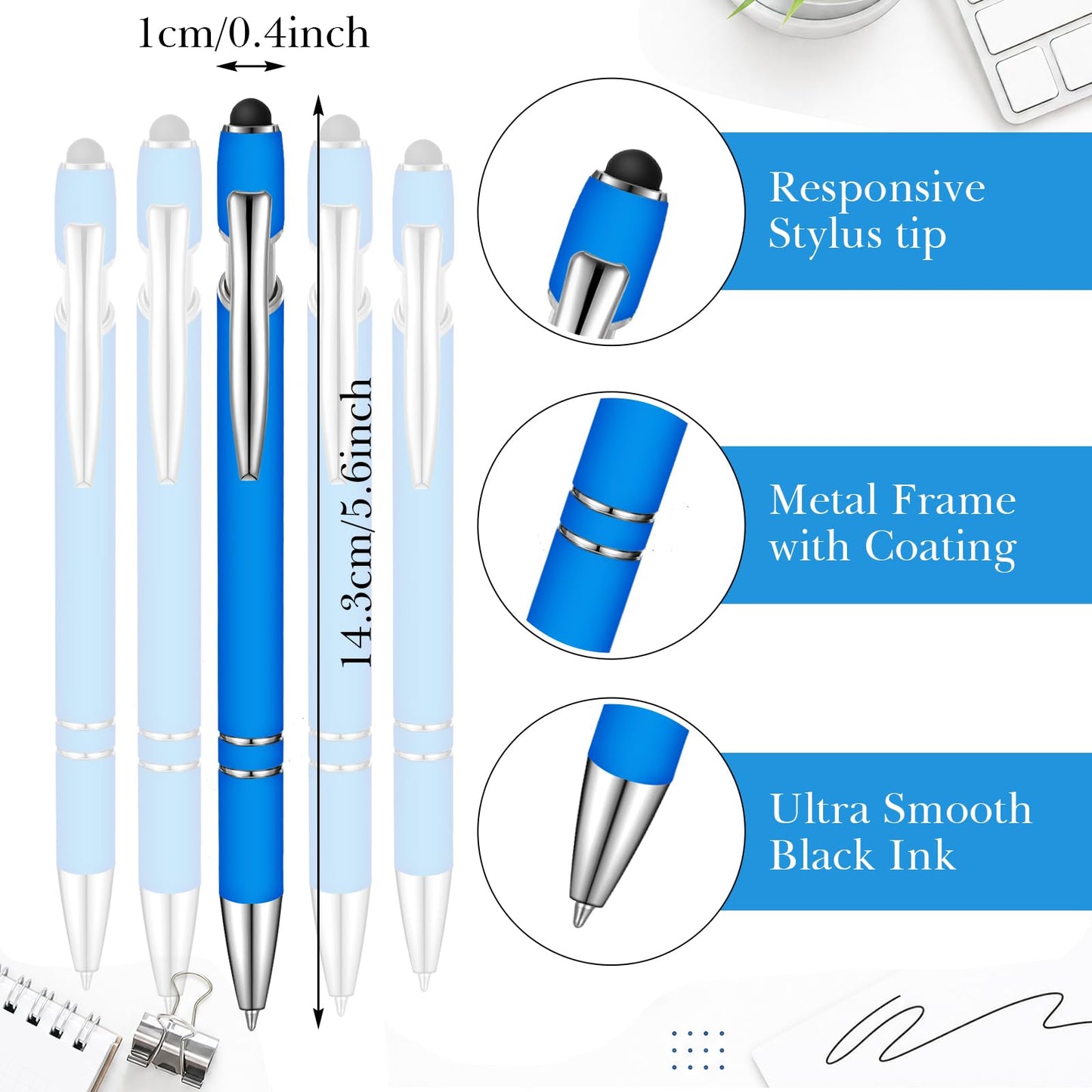 Zonon 38 Pcs Stylus Ballpoint Pens, Metal Rubberized Grip, Blue