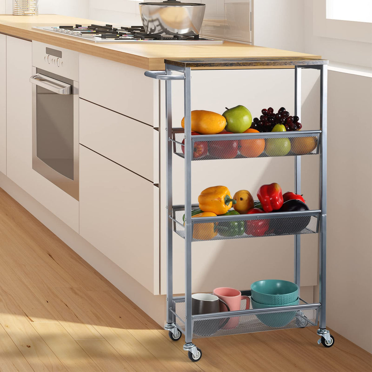 Slim Storage Cart, Metal Narrow Rolling Storage Cart for Kitchen, Silver