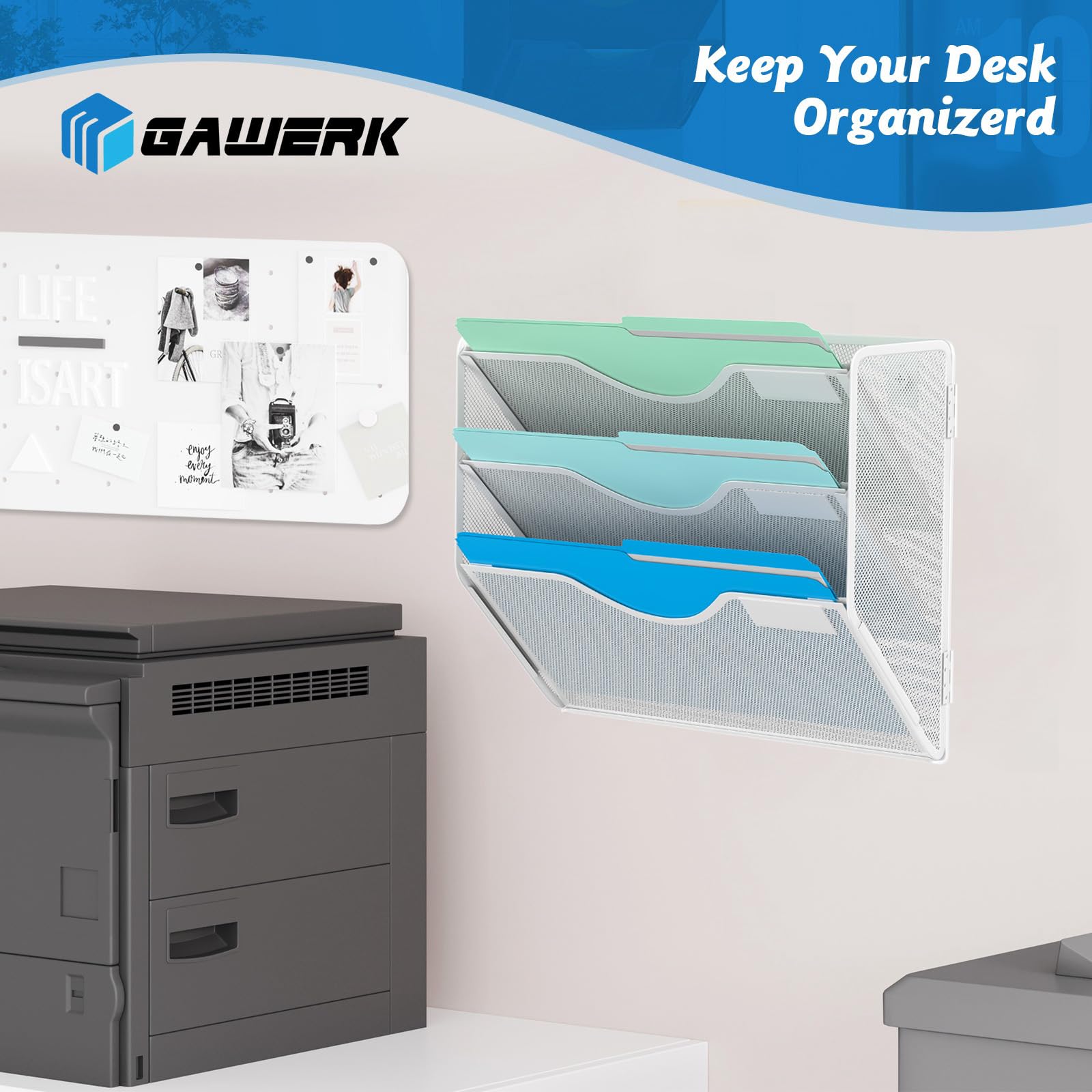 Gawerk 3 Tier Hanging Wall File Organizer, Mesh Mail Paper Orgnization Hanging File Folder Holder