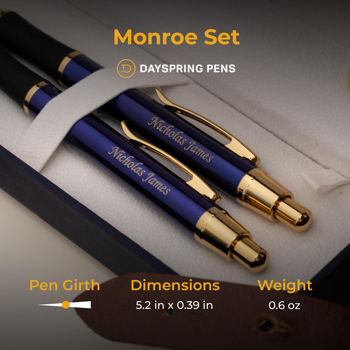 Dayspring Pens Monroe Personalized Ballpoint and Pencil in Blue, Gold Trim