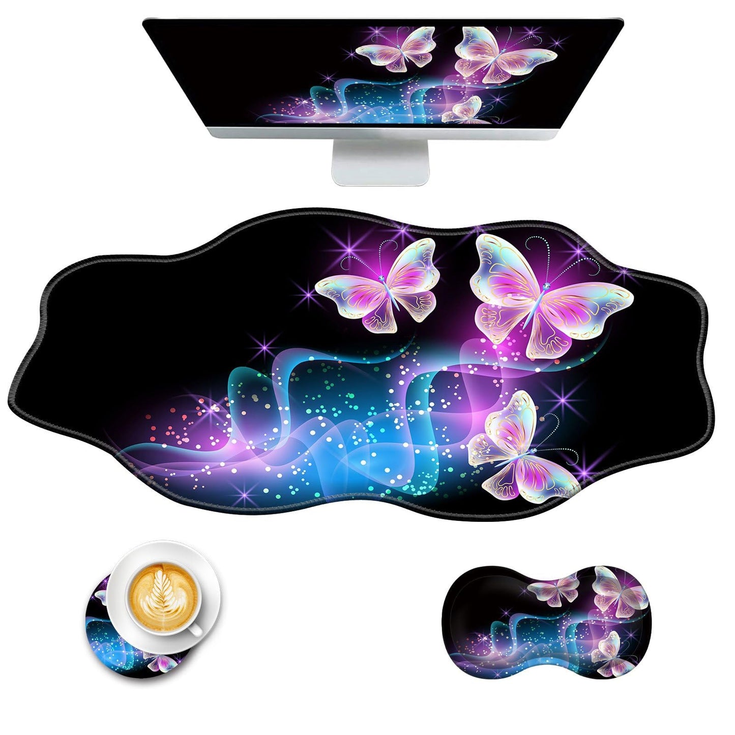 CICPLKSE Mouse Pad with Wrist Support + Desk Mat + Coaster 3 in 1 Set, XXL Large Gaming Mousepad
