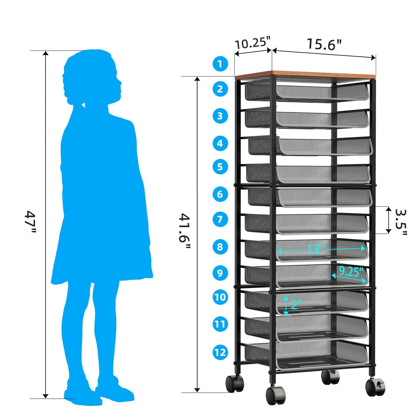 Simple Trending 12-Tier Rolling File Cart, Desk File Organizer with 11 Mesh Sliding Trays, Letter &